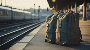 Two Large Travel Bags on a Platform Beside the Railway photo