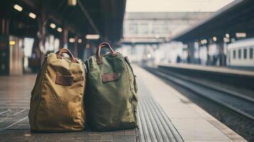 Two Large Travel Bags on a Platform Beside the Railway photo