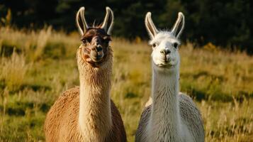 A tan llama and a white llama stand next to each other. photo
