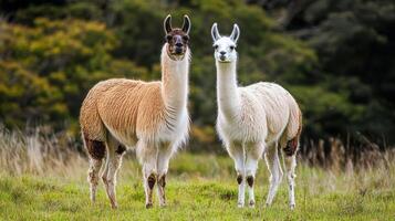 Two llamas, one tan and one white, stand side by side. photo
