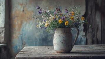 Wildflowers arranged in an old jug on a rustic table with vintage decor photo