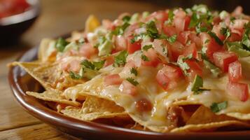 A plate of nachos with cheese, tomatoes and cilantro photo