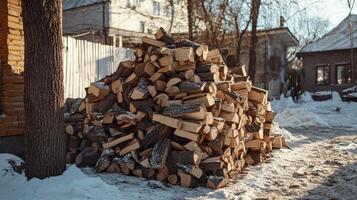 A Stack of Cut Firewood Ready for Winter Heating photo