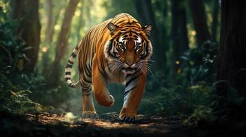A tiger walking through the woods photo