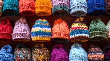 A collection of vibrant and distinctive hand knitted bean bags. photo