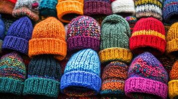 A variety of colorful and unique hand knitted bean bags on display. photo