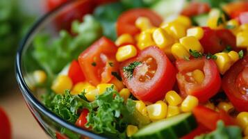 A bowl of salad with tomatoes, corn and cucumbers photo