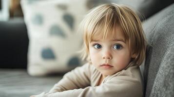 A little kid seated on a cozy couch, looking content and relaxed. photo