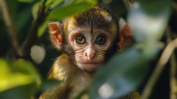 A cute monkey peers with interest into the dense jungle, full of curiosity. photo