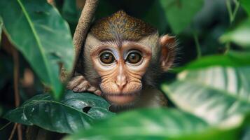 An adorable monkey gazes curiously through the jungle foliage. photo