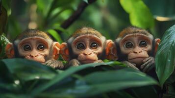 A pair of adorable monkeys curiously peering through the jungle foliage. photo
