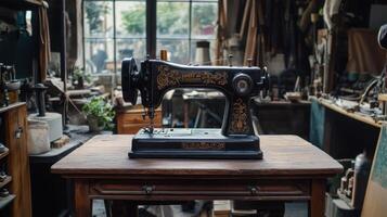 A vintage sewing machine sits on a table in a workshop photo