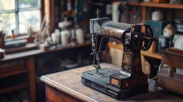 A vintage sewing machine sits on a table in a room photo