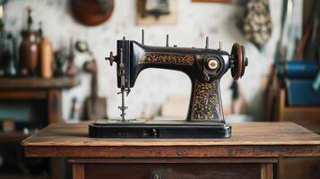 An old sewing machine sits on a table photo