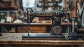 A vintage sewing machine sits on a wooden table photo