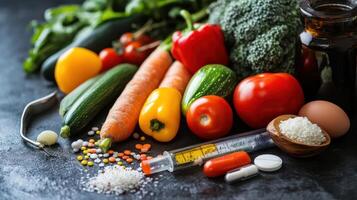 Assorted fresh vegetables paired with a medical device for diabetes monitoring. photo