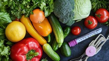 A variety of fresh vegetables alongside a diabetes management tool. photo
