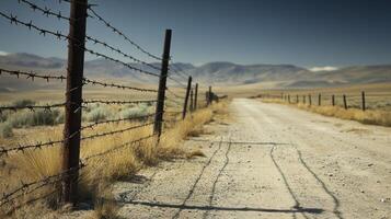 Barbed wire fence on a dirt road photo