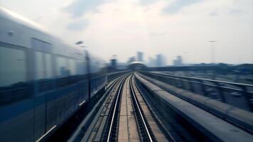 Moving Fast on Railroad Track with High Speed Train Railway Rushing Through the City Streets photo