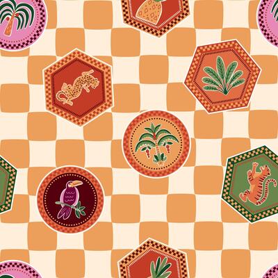 Checkered tropics summer seamless pattern with hand drawn stickers with tiger, leopard, palm tree, toucan. Cute yellow chess print, repeat background. topical jungle wallpaper, textile design.