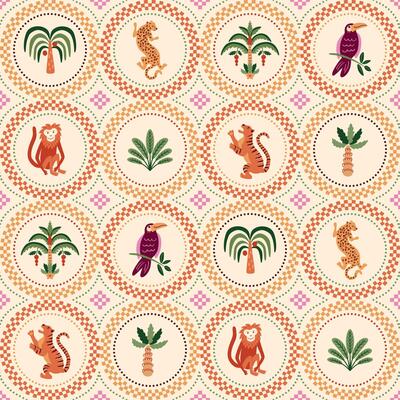 Summer checkered geometric tropical pattern. Cute palm trees, jungle animal, round elements, tropical leaves, jaguar, tiger, toucan, monkey. Repeat design, fabric textile, wallpaper background