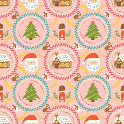 Pink checkered Christmas geometric seamless pattern. Winter holiday elements - Santa Claus, Christmas tree, gingerbread house, pets into chess circle elements. Cute wallpaper, repeat background, wrap.