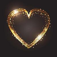 Glitter gold heart frame with space for text. Heart with golden light. Happy Valentines Day card with glowing heart. Bright glittering star dust. Festive border. vector