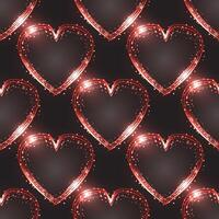 Neon Lights seamless pattern with glow effect, colorful shiny hearts, abstract shapes on a black background. vector
