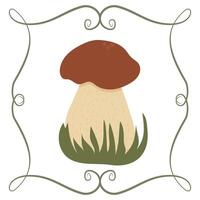 Boletus mushroom in a frame of twisted linear green elements vector
