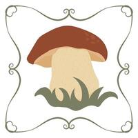 White mushroom boletus in a frame of twisted linear green elements vector