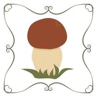 white boletus mushroom in a frame of twisted linear elements vector