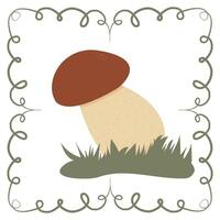 white boletus mushroom in a frame of twisted linear green elements vector