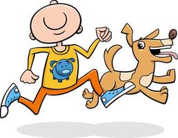 cartoon boy running with happy puppy cartoon vector