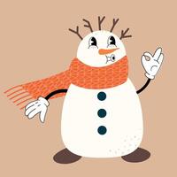 Snowman in groovy retro style. Element for Merry Christmas and Happy New year greeting card, poster, party invitation. vector