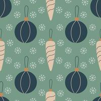 Christmas tree balls ornated with lines, seamless pattern. Hand drawn Christmas decoration with snowflakes. Pattern in swatches. For fabric, wrapping paper and other decoration vector