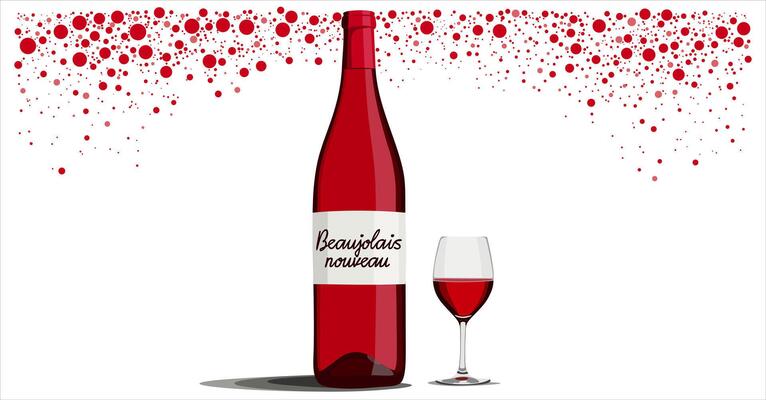 Beaujolais nouveau. Bottle of young red wine and wineglass on decorative background with red dots. isolated illustration