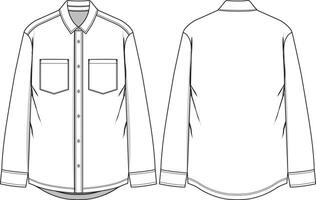 Men basic shirt long sleeve with chest pockets, buttoned placket, collar, sleeve cuffs and rounded hem, front and back view vector