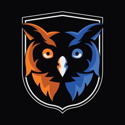 character illustration of owl head inside the white shield on black background