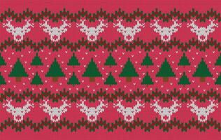 Knitted pattern seamless fabric Christmas on red. traditional knitted pattern Christmas tree and rain deer. Designed for Christmas ,background ,wallpaper ,knitted pattern ,fabric ,embroidery ,textile vector