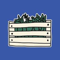 hand drawn cute fresh vegetables in a wooden box illustration vector