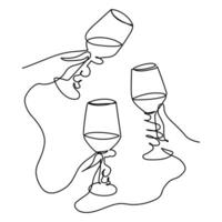 Continuous one line drawing of two glasses of red wine Minimalist linear concept of celebrate vector