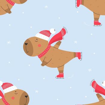 Seamless pattern with ice skating capybara vector