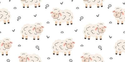 Seamless pattern with sheep and floral elements vector
