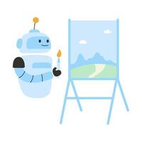 Cute AI robot draws a picture on an easel vector
