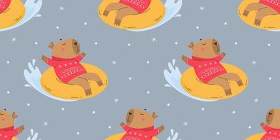 Funny capybara snow tubing seamless pattern vector