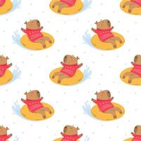 Funny capybara snow tubing seamless pattern vector