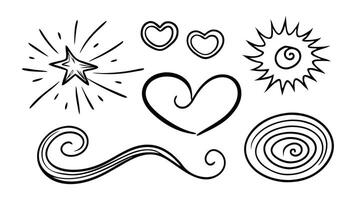 Sketch underline, emphasis, line shape set. Hand drawn swirl swoosh, love, speech bubble, underline element flat illustration set on white background vector