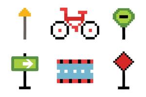 Pixel art of Bicycle route sign, road markings and arrows pointing direction white background vector
