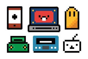 Pixel art of Stickers old school design. game 64 bit sprite. Retro computer, floppy, disk cassette, joystick white background. vector