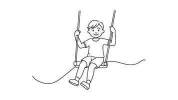 Child on a swing behind sky continuous line art isolated on white background vector